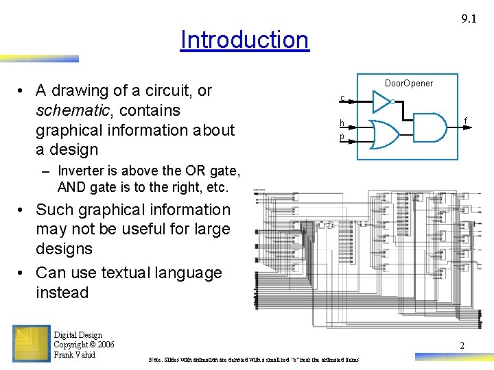 9. 1 Introduction Door. Opener • A drawing of a circuit, or schematic, contains