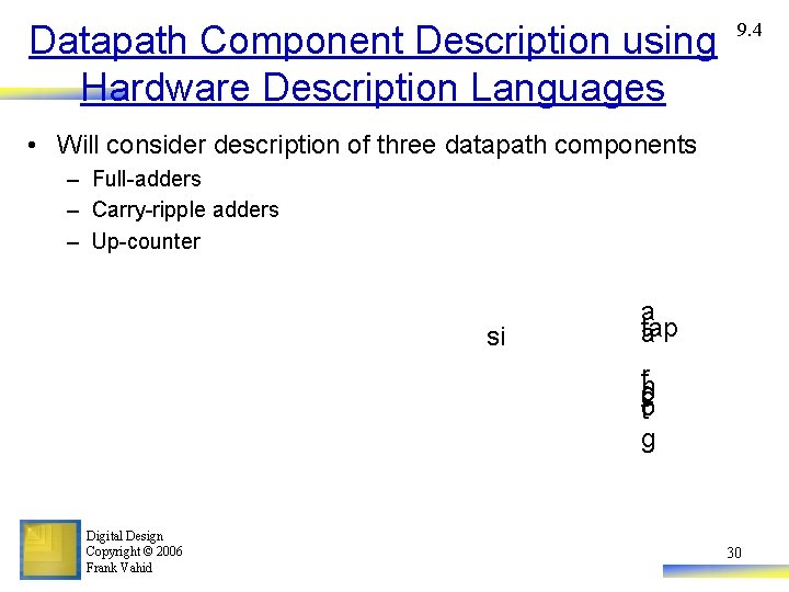 Datapath Component Description using Hardware Description Languages 9. 4 • Will consider description of