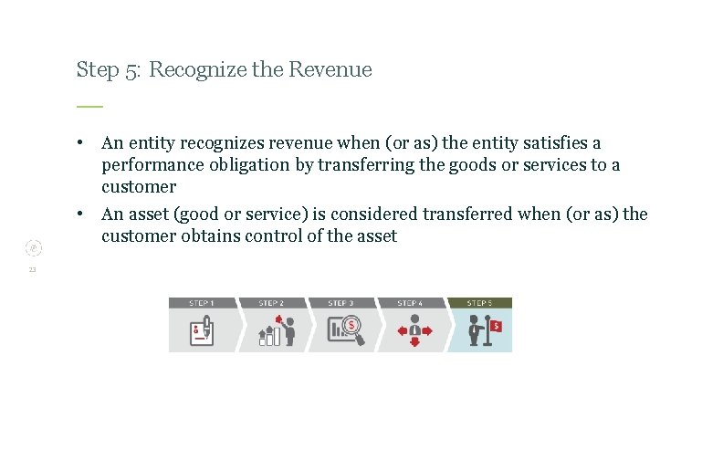 Step 5: Recognize the Revenue • An entity recognizes revenue when (or as) the