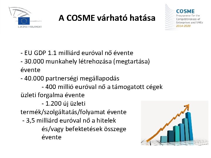 A COSME várható hatása - EU GDP 1. 1 milliárd euróval nő évente -