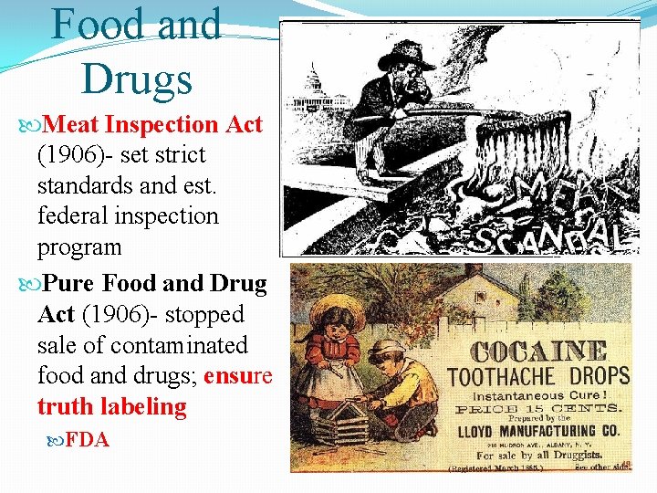 Food and Drugs Meat Inspection Act (1906)- set strict standards and est. federal inspection