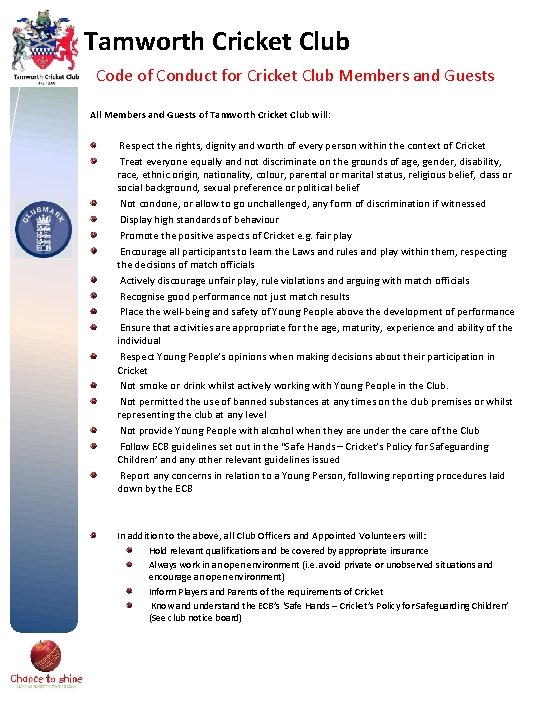 Tamworth Cricket Club Code of Conduct for Cricket Club Members and Guests All Members