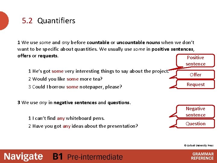 5. 2 Quantifiers 1 We use some and any before countable or uncountable nouns