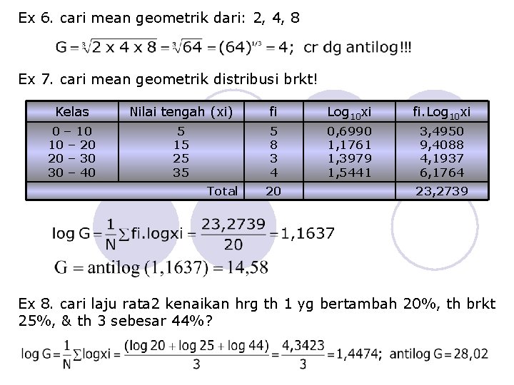 Ex 6. cari mean geometrik dari: 2, 4, 8 Ex 7. cari mean geometrik