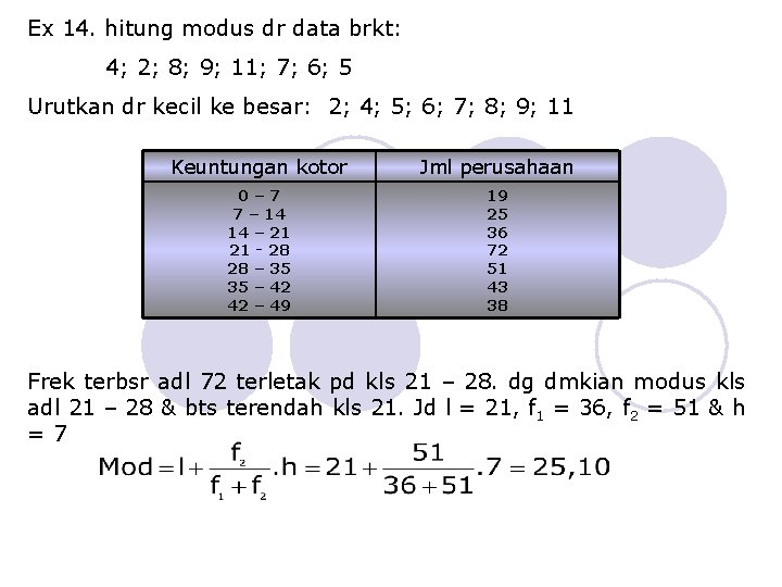 Ex 14. hitung modus dr data brkt: 4; 2; 8; 9; 11; 7; 6;