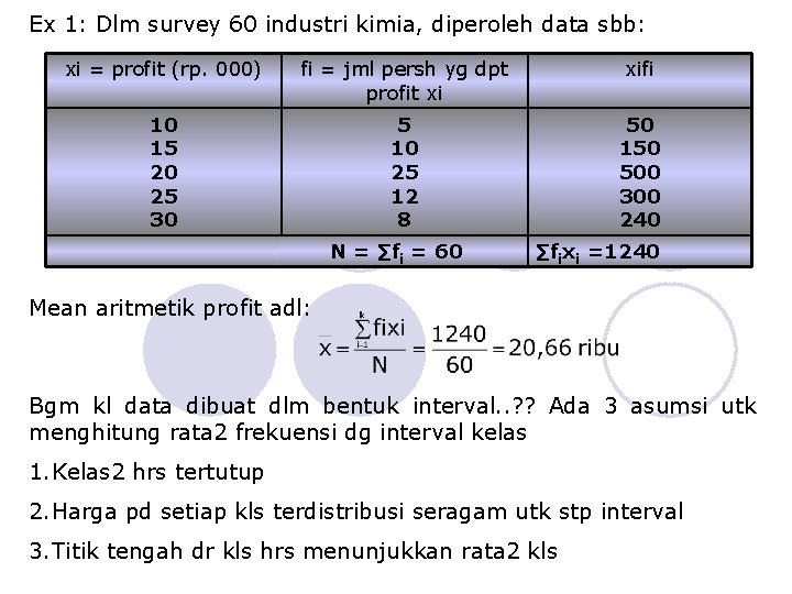 Ex 1: Dlm survey 60 industri kimia, diperoleh data sbb: xi = profit (rp.