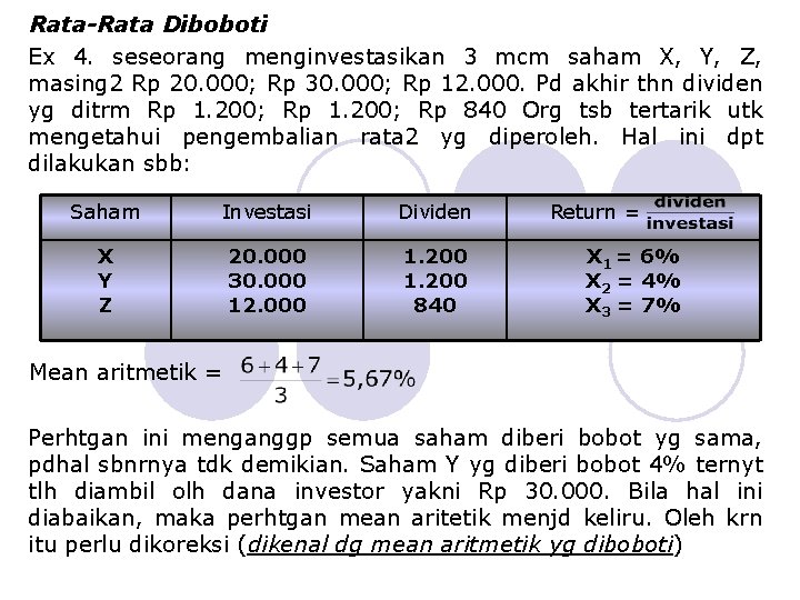 Rata-Rata Diboboti Ex 4. seseorang menginvestasikan 3 mcm saham X, Y, Z, masing 2