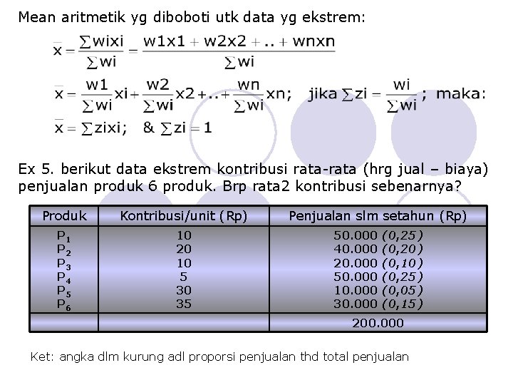 Mean aritmetik yg diboboti utk data yg ekstrem: Ex 5. berikut data ekstrem kontribusi