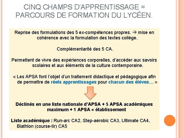 CINQ CHAMPS D’APPRENTISSAGE = PARCOURS DE FORMATION DU LYCÉEN. Reprise des formulations des 5