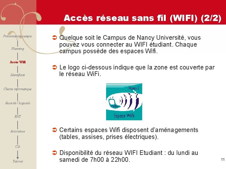 Accès réseau sans fil (WIFI) (2/2) Présentation campus Planning Accès Wifi Identifiant Ü Quelque