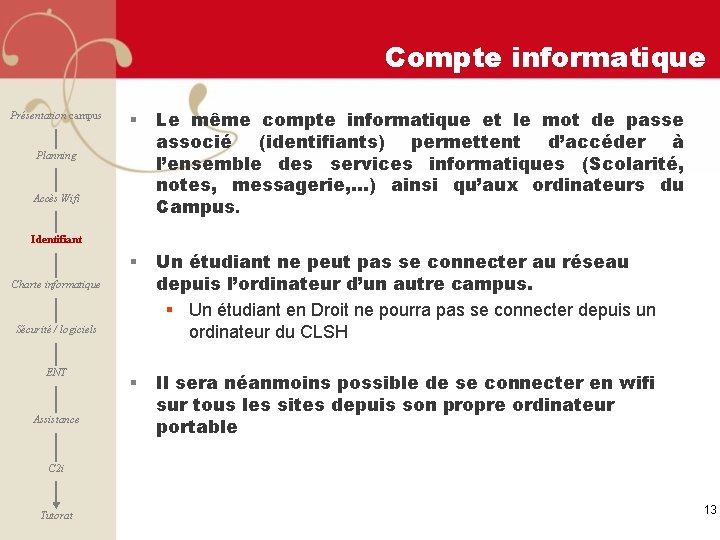 Compte informatique Présentation campus § Le même compte informatique et le mot de passe