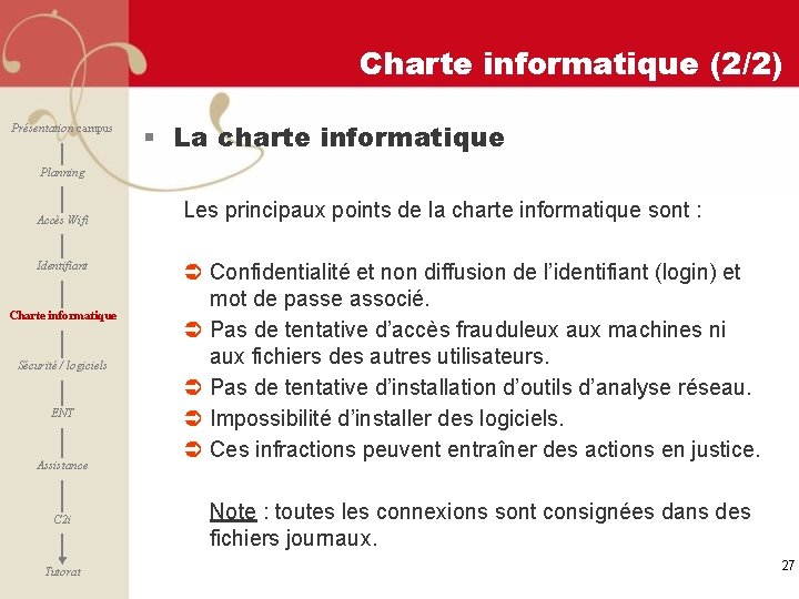 Charte informatique (2/2) Présentation campus § La charte informatique Planning Accès Wifi Identifiant Charte