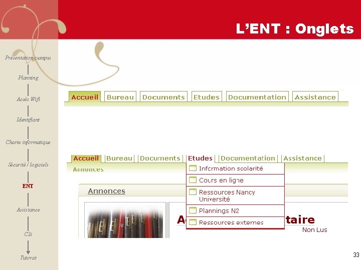 L’ENT : Onglets Présentation campus Planning Accès Wifi Identifiant Charte informatique Sécurité / logiciels
