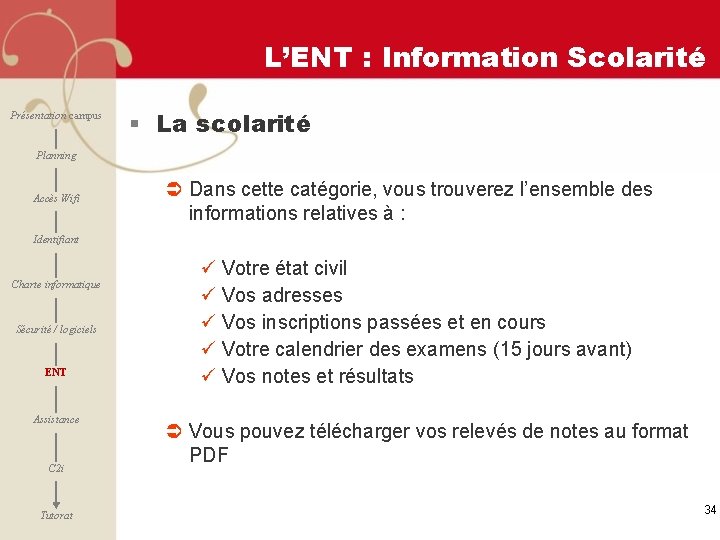L’ENT : Information Scolarité Présentation campus § La scolarité Planning Accès Wifi Ü Dans