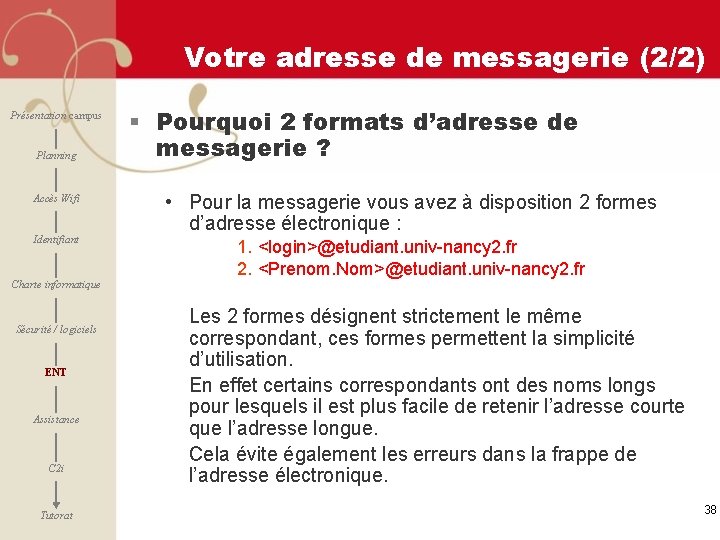Votre adresse de messagerie (2/2) Présentation campus Planning Accès Wifi Identifiant Charte informatique Sécurité