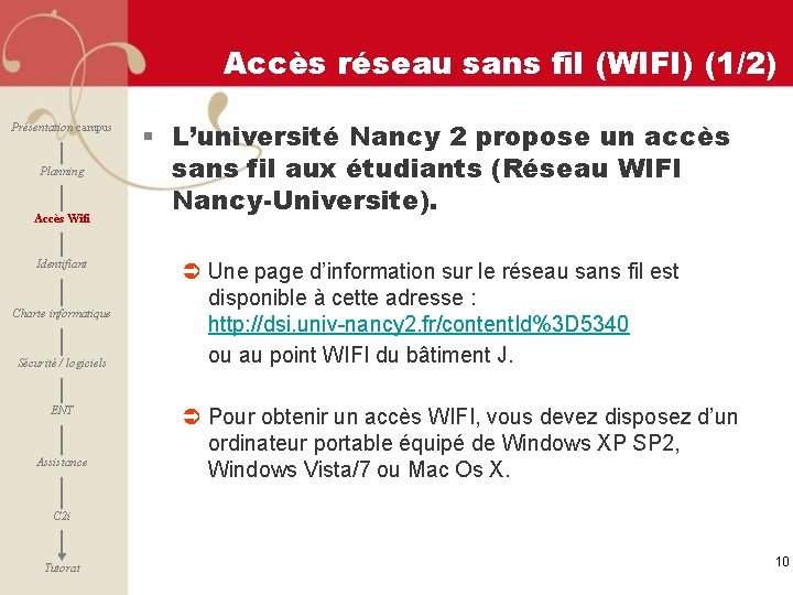 Accès réseau sans fil (WIFI) (1/2) Présentation campus Planning Accès Wifi Identifiant Charte informatique