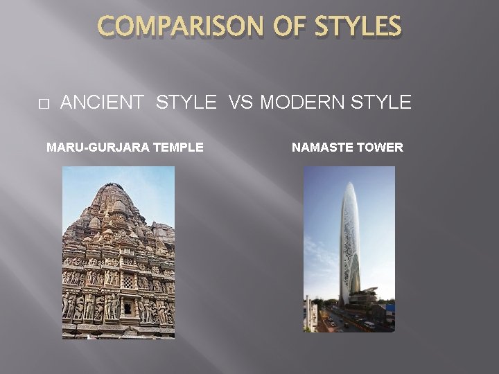 COMPARISON OF STYLES � ANCIENT STYLE VS MODERN STYLE MARU-GURJARA TEMPLE NAMASTE TOWER 