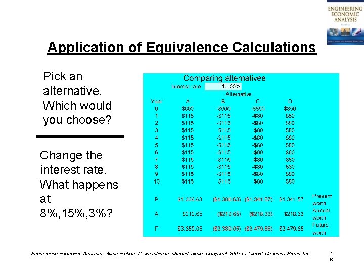 Application of Equivalence Calculations Pick an alternative. Which would you choose? Change the interest