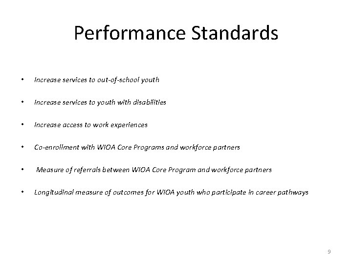 Performance Standards • Increase services to out-of-school youth • Increase services to youth with