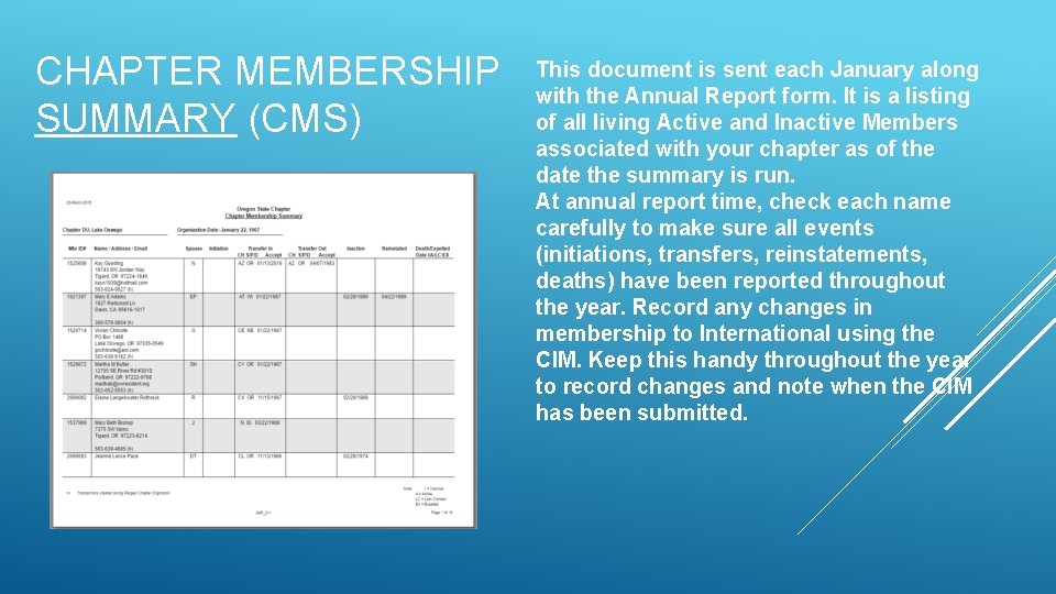 CHAPTER MEMBERSHIP SUMMARY (CMS) This document is sent each January along with the Annual CHAPTER MEMBERSHIP SUMMARY (CMS) This document is sent each January along with the Annual