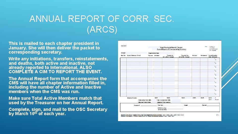 ANNUAL REPORT OF CORR. SEC. (ARCS) This is mailed to each chapter president in ANNUAL REPORT OF CORR. SEC. (ARCS) This is mailed to each chapter president in