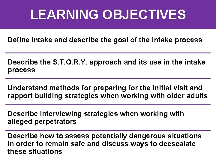 LEARNING OBJECTIVES Define intake and describe the goal of the intake process Describe the