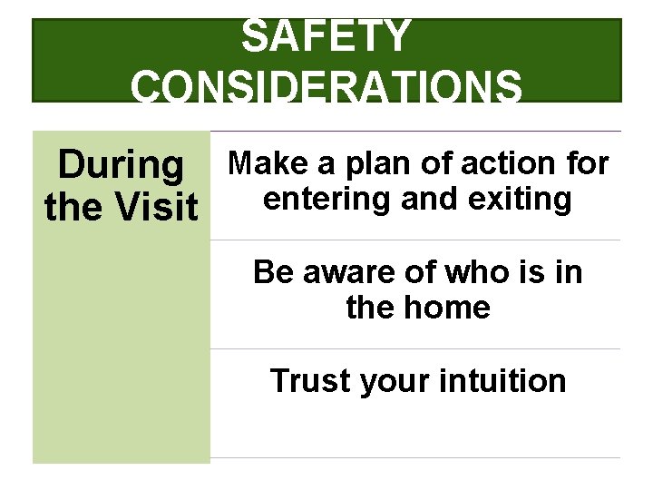 SAFETY CONSIDERATIONS During Make a plan of action for entering and exiting the Visit