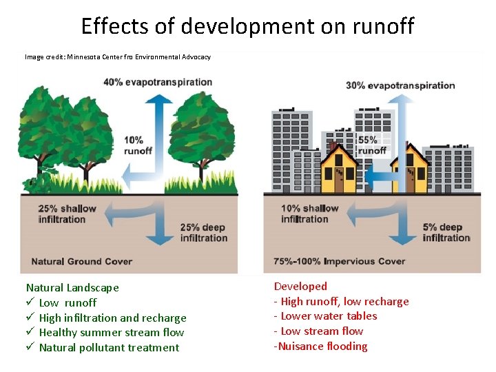 Effects of development on runoff Image credit: Minnesota Center fro Environmental Advocacy Natural Landscape Effects of development on runoff Image credit: Minnesota Center fro Environmental Advocacy Natural Landscape