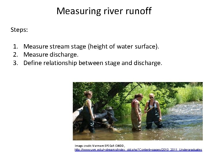 Measuring river runoff Steps: 1. Measure stream stage (height of water surface). 2. Measure