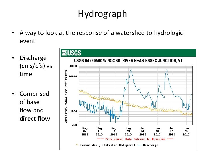 Hydrograph • A way to look at the response of a watershed to hydrologic Hydrograph • A way to look at the response of a watershed to hydrologic