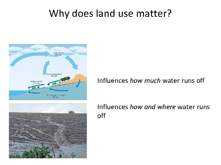 Why does land use matter? Influences how much water runs off Influences how and