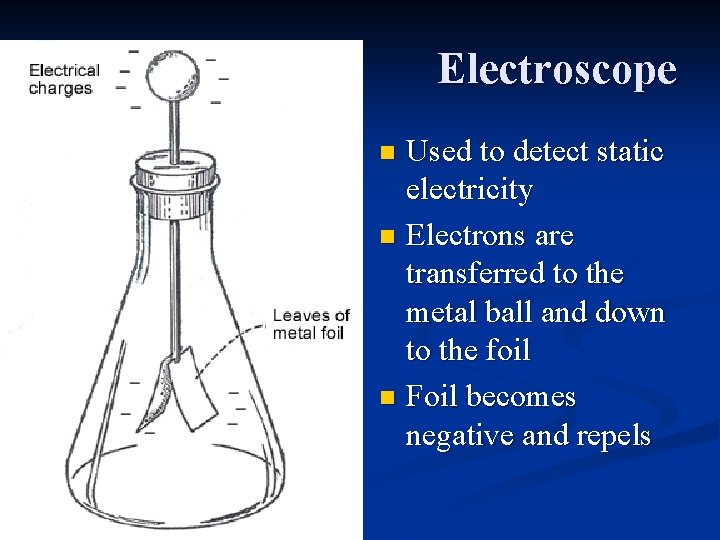 Electroscope Used to detect static electricity n Electrons are transferred to the metal ball