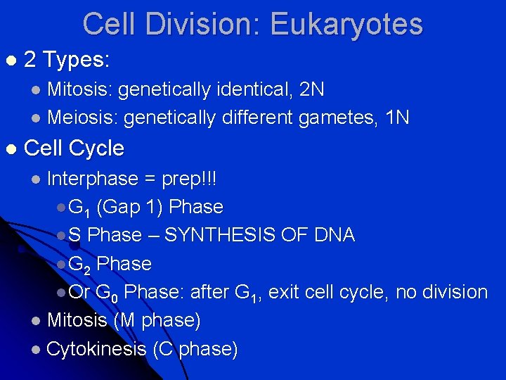 Cell Division: Eukaryotes l 2 Types: l Mitosis: genetically identical, 2 N l Meiosis: