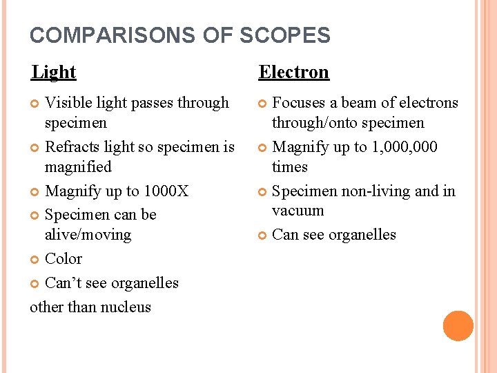 COMPARISONS OF SCOPES Light Electron Visible light passes through specimen Refracts light so specimen