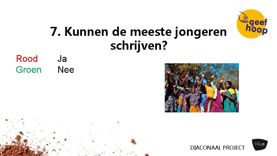 7. Kunnen de meeste jongeren schrijven? Rood Groen Ja Nee DIACONAAL PROJECT 