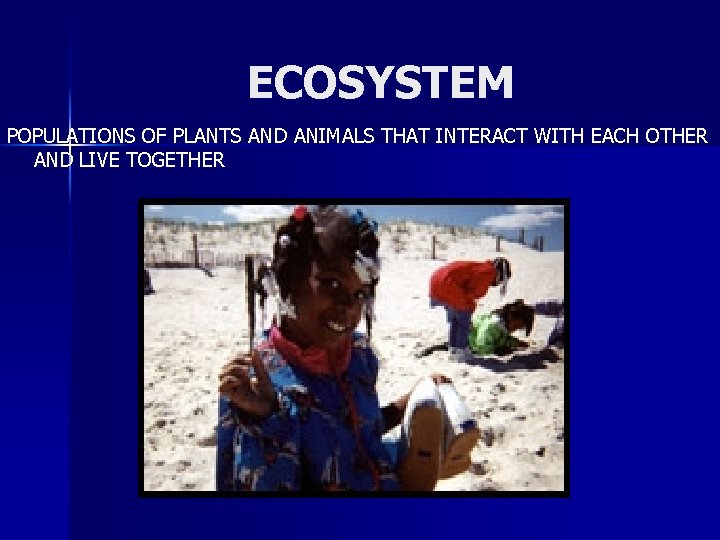 ECOSYSTEM POPULATIONS OF PLANTS AND ANIMALS THAT INTERACT WITH EACH OTHER AND LIVE TOGETHER