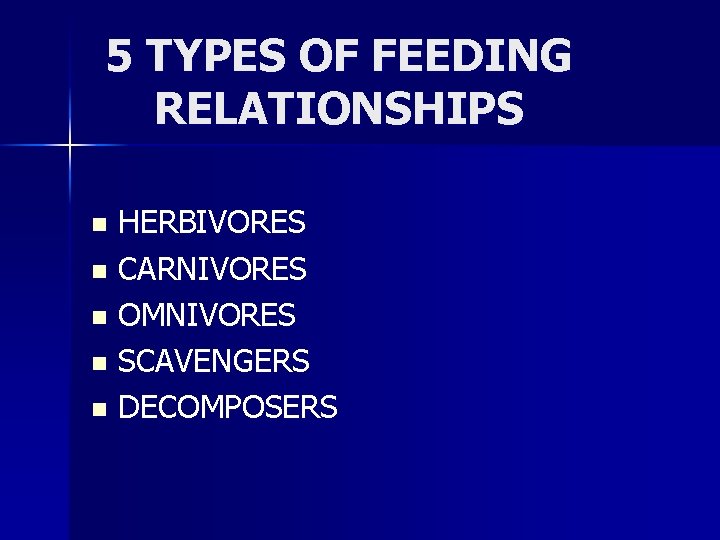 5 TYPES OF FEEDING RELATIONSHIPS HERBIVORES n CARNIVORES n OMNIVORES n SCAVENGERS n DECOMPOSERS