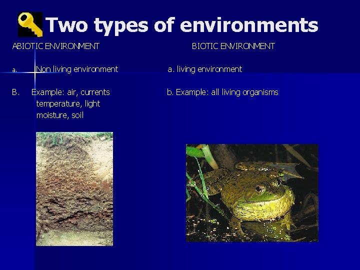 Two types of environments ABIOTIC ENVIRONMENT a. B. Non living environment Example: air, currents