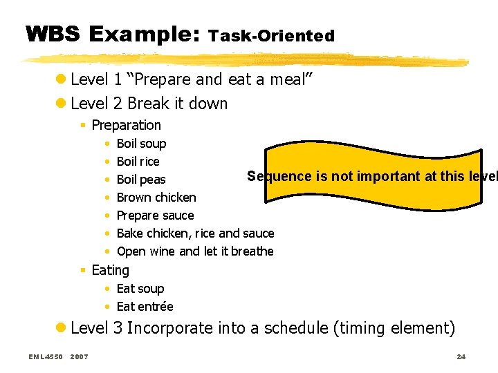 WBS Example: Task-Oriented l Level 1 “Prepare and eat a meal” l Level 2 WBS Example: Task-Oriented l Level 1 “Prepare and eat a meal” l Level 2