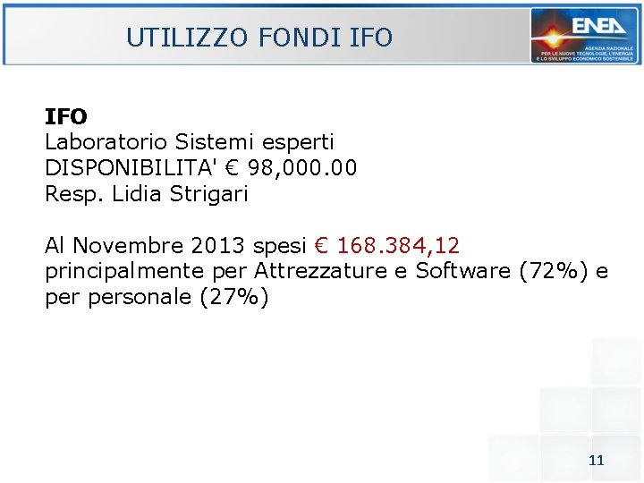 UTILIZZO FONDI IFO Laboratorio Sistemi esperti DISPONIBILITA' € 98, 000. 00 Resp. Lidia Strigari