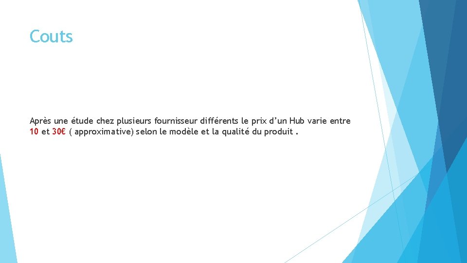 Couts Après une étude chez plusieurs fournisseur différents le prix d’un Hub varie entre