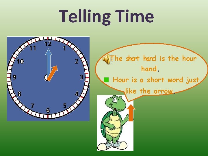 Telling Time The short hand is the hour hand. Hour is a short word