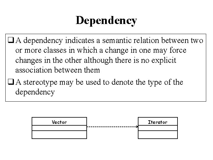 Dependency q A dependency indicates a semantic relation between two or more classes in