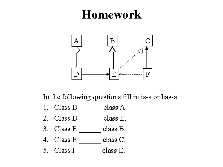 Homework A B C D E F In the following questions fill in is-a