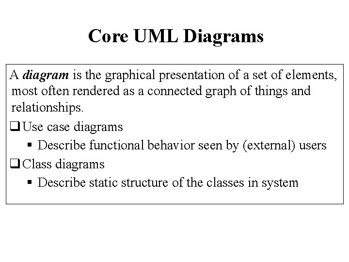 Core UML Diagrams A diagram is the graphical presentation of a set of elements,