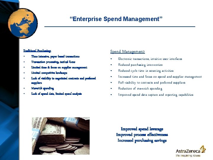 “Enterprise Spend Management” Traditional Purchasing: • Time intensive, paper based transactions • Transaction processing,