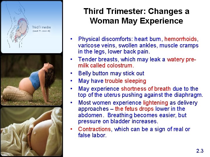Third Trimester: Changes a Woman May Experience • Physical discomforts: heart burn, hemorrhoids, varicose