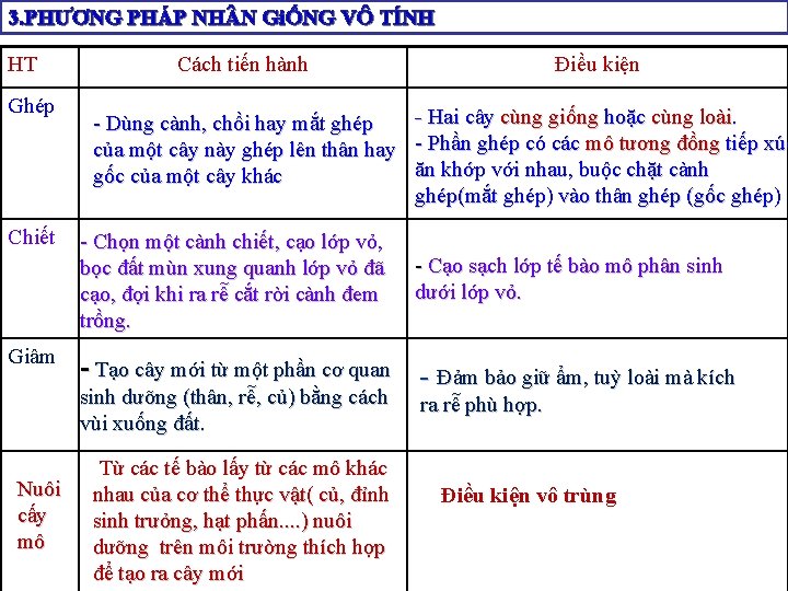 3. PHƯƠNG PHÁP NH N GiỐNG VÔ TÍNH HT Ghép Chiết Giâm Cách tiến