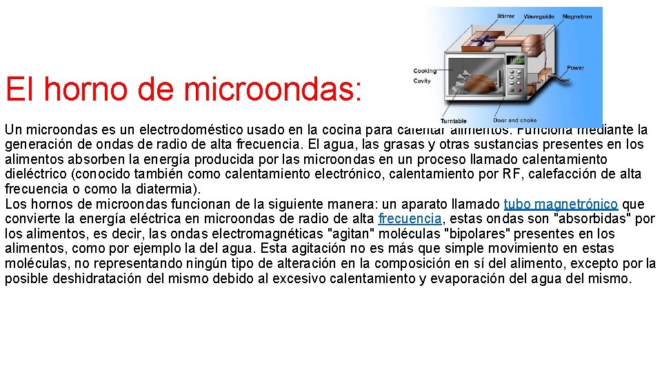 El horno de microondas: Un microondas es un electrodoméstico usado en la cocina para