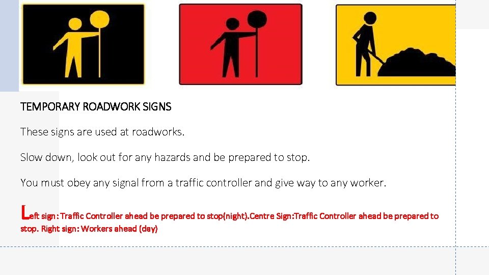 TEMPORARY ROADWORK SIGNS These signs are used at roadworks. Slow down, look out for